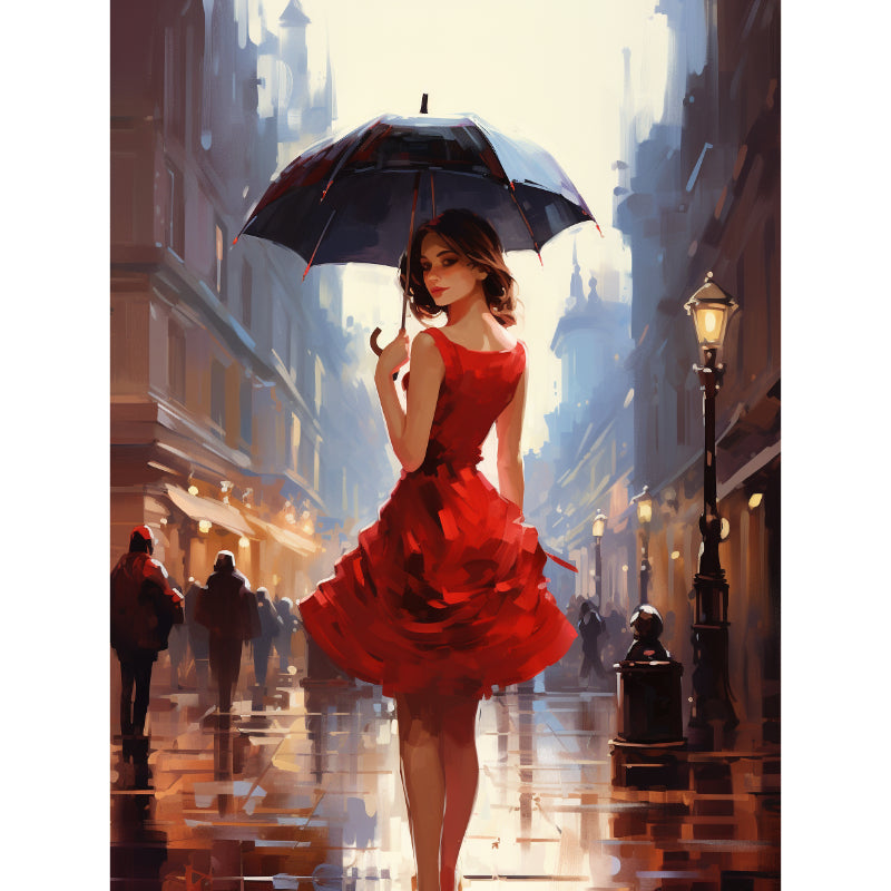 Dame in rode jurk - Regen