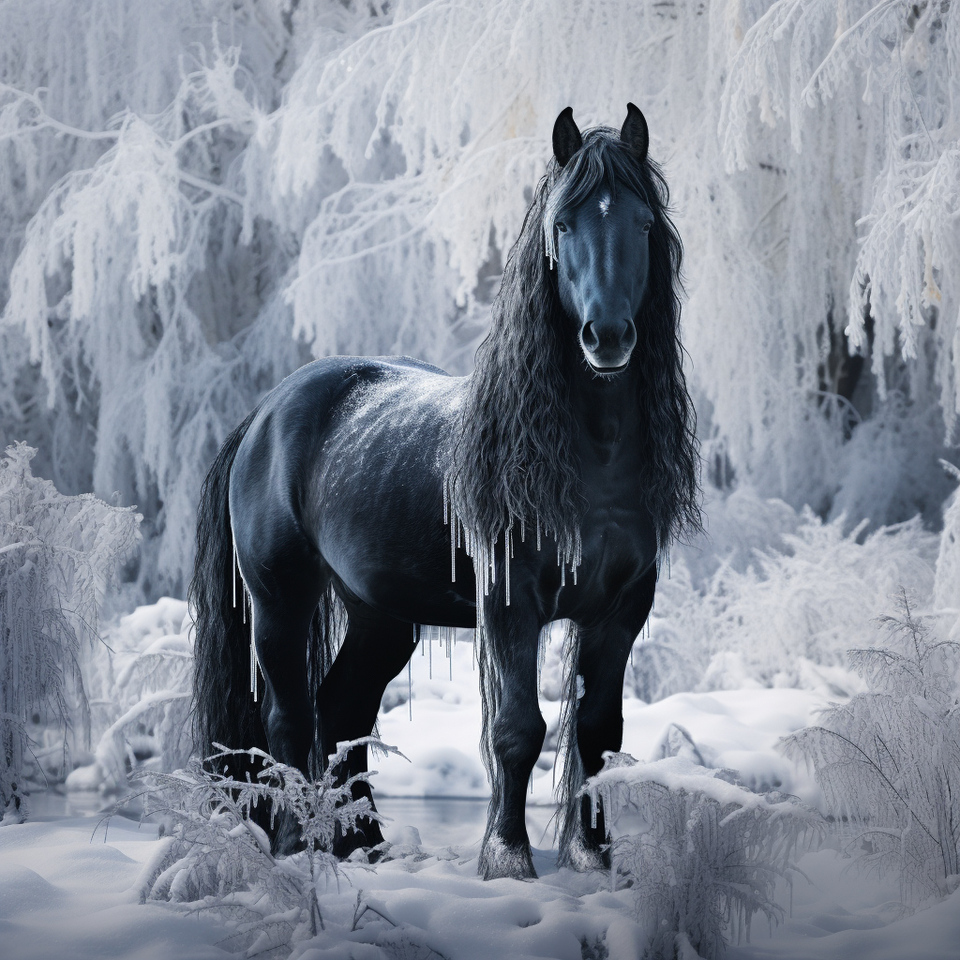 Zwart paard in de sneeuw