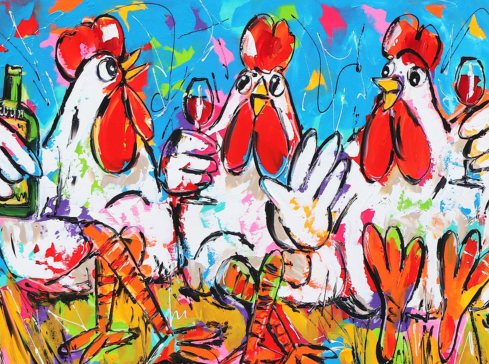 Vrolijk Schilderij - Kippen Aan De Wijn