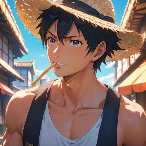 Anime jongen met rieten hoed