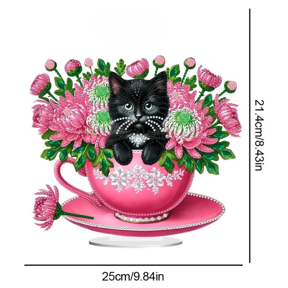 Diamond Painting Ornament - Zwarte Kat in Kopje