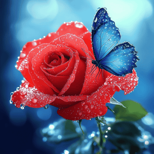 Blauwe vlinder op roos