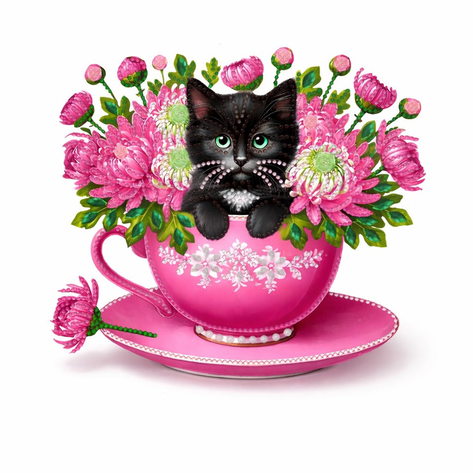 Diamond Painting Ornament - Zwarte Kat in Kopje-Diamond Painting