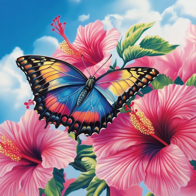 Diamond painting - Vlinder op de Hibiskus-bloem