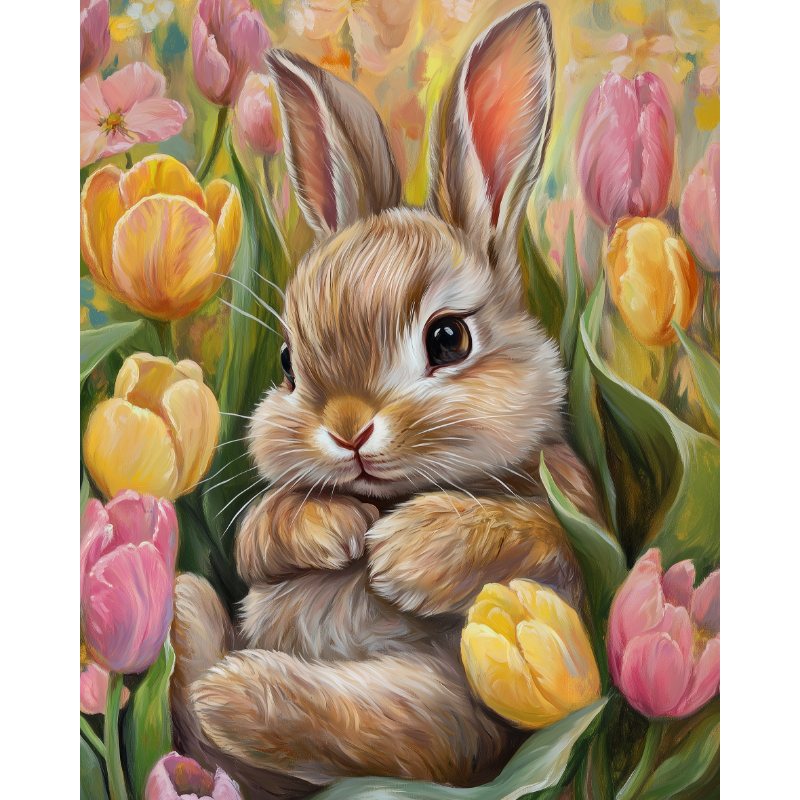 Schattig konijn liggend in tulpen