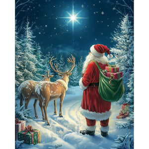 Kerstman met zijn rendieren 's nachts