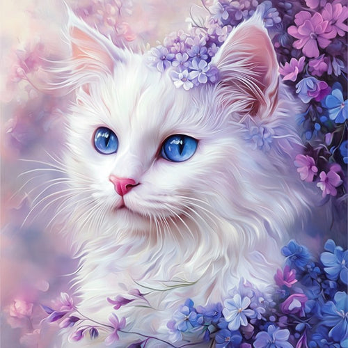 Witte kat met bloemen