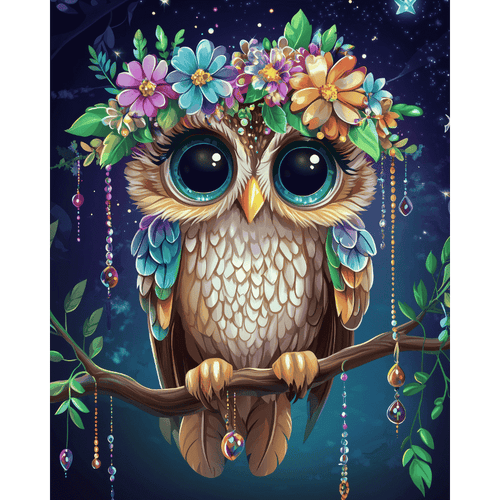 Diamond painting - Leuke Uil met bloemen