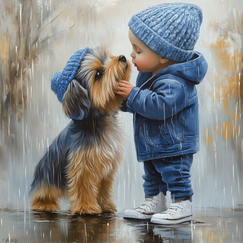 Jongen met hond in de regen