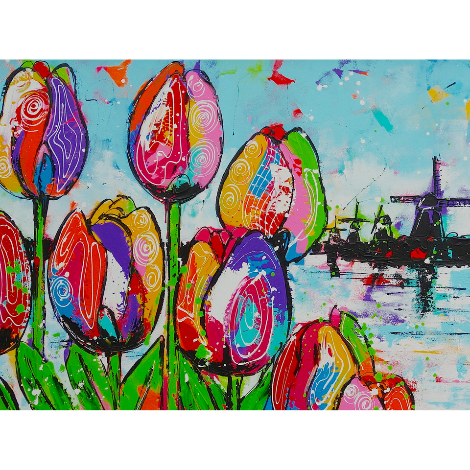 Vrolijk Schilderij - Tulpen En Molen