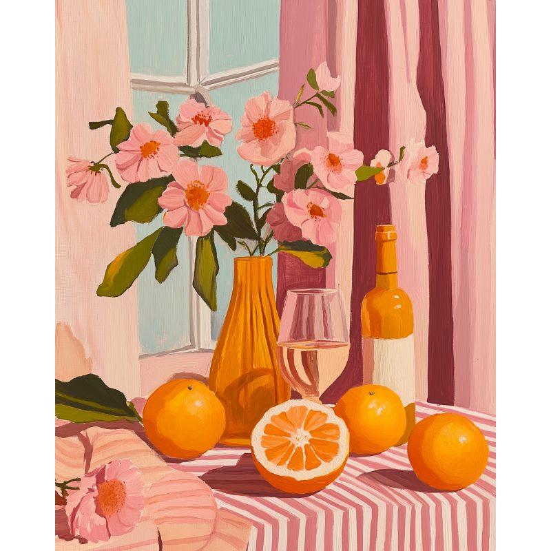 Sinaasappels, wijn en bloemen - Diamond Painting
