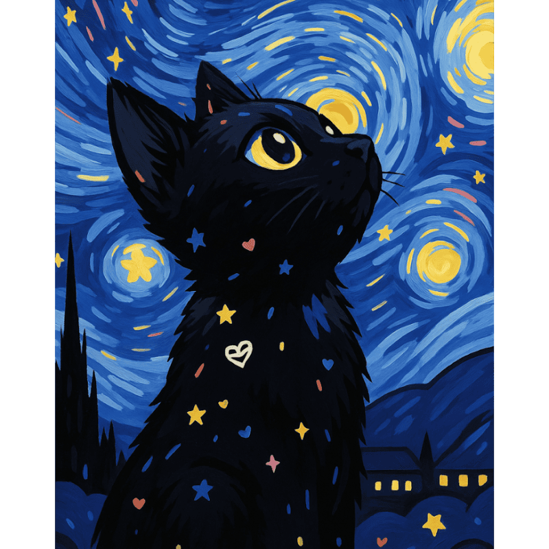 Kat in de Sterrennacht - Diamond Painting