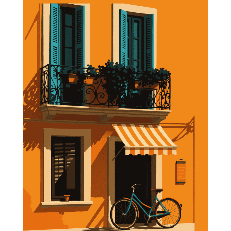 Fiets bij het oranje huis - Diamond Painting