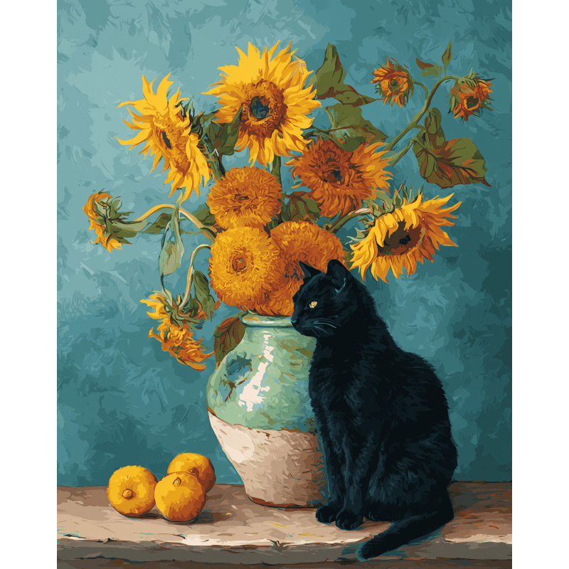Zonnebloemen en een zwarte kat - Diamond Painting