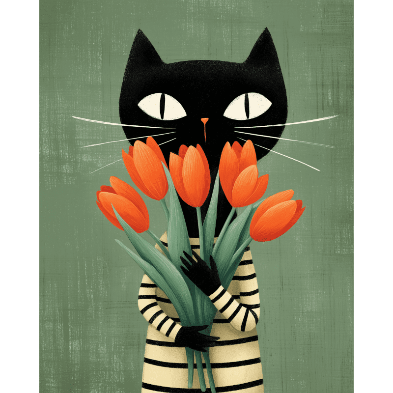 De kat met tulpen - Diamond Painting