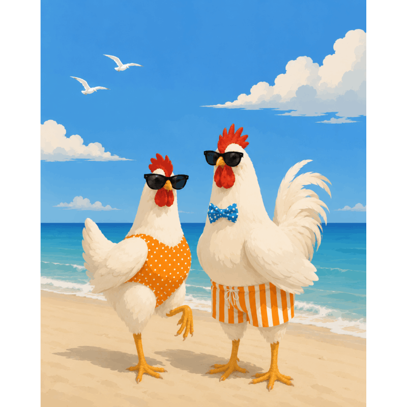 Kippen op het strand - Diamond Painting