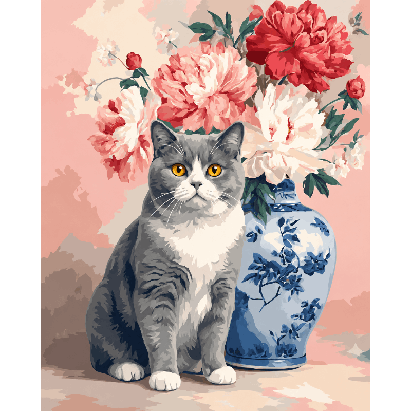 Britse korthaar & bloemen - Diamond Painting