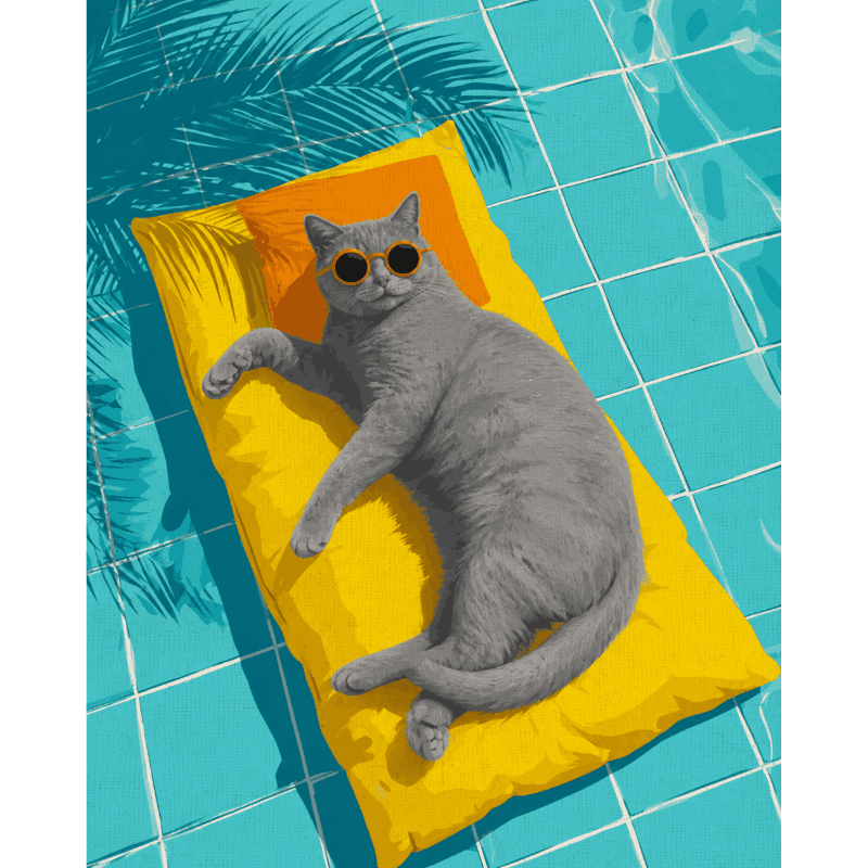 Grijze kat bij het zwembad - Diamond Painting
