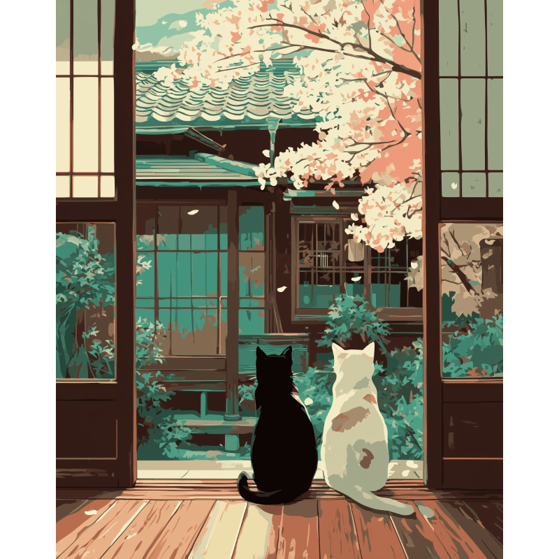 Twee katten in een washitsu - Diamond Painting