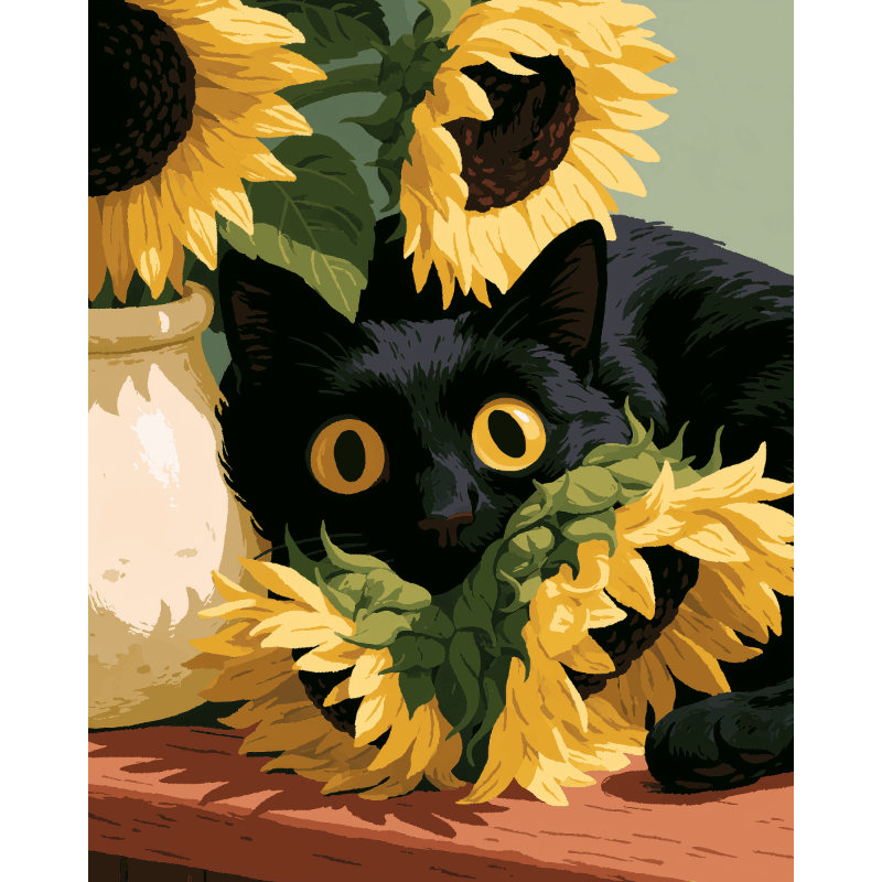 Zwarte kat & zonnebloemen - Diamond Painting