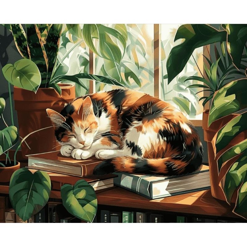 Slapende kat bij het raam - Diamond Painting