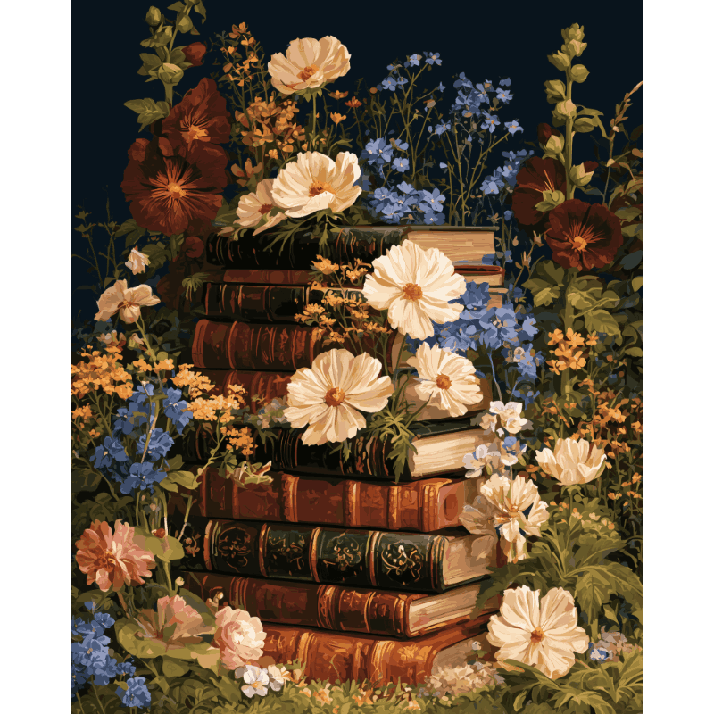 Bloeiende boekenstapel - Diamond Painting