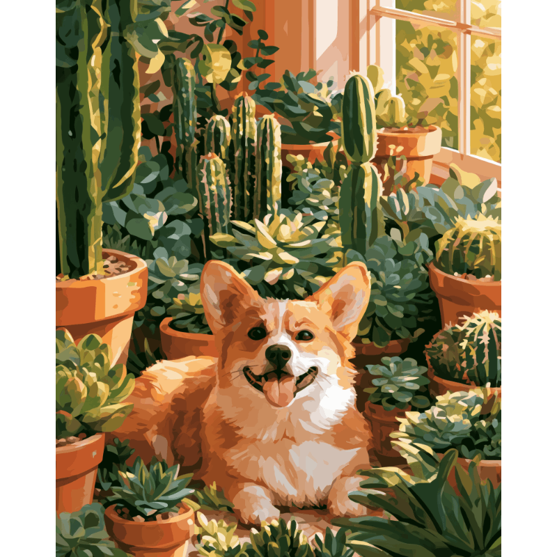 Corgi cactus tuin - Diamond Painting