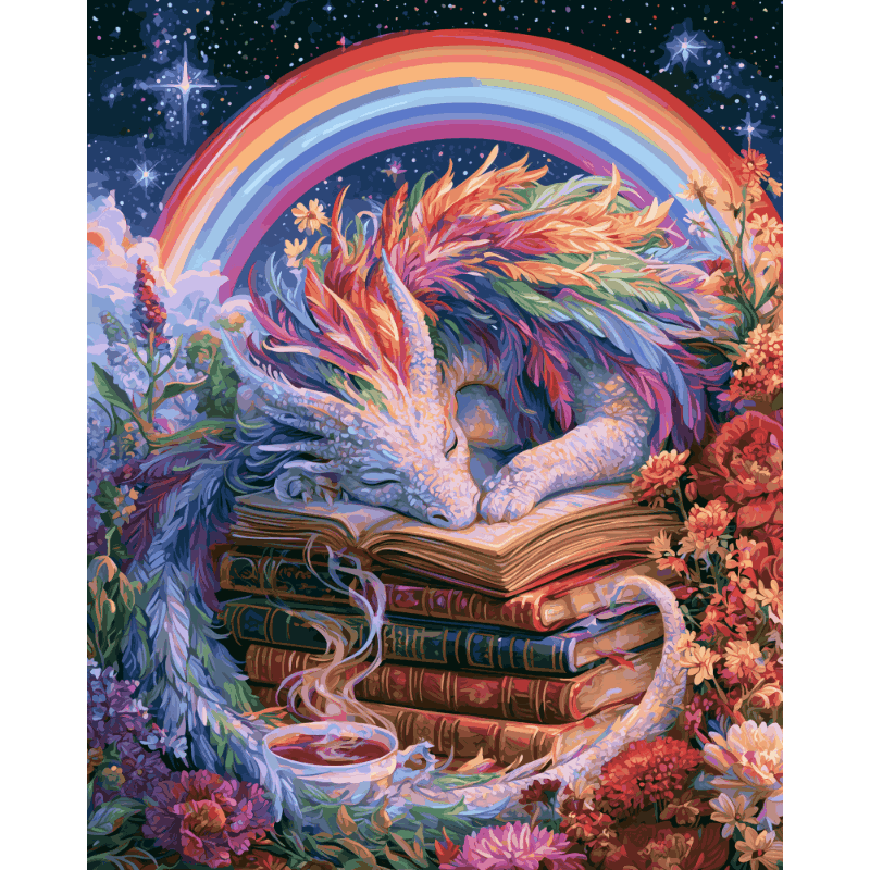 Regenboog boek draak - Diamond Painting