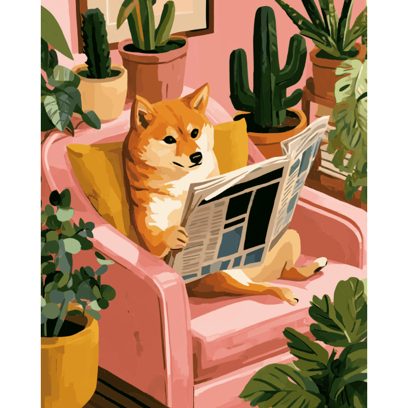Shiba ochtend lezen - Diamond Painting
