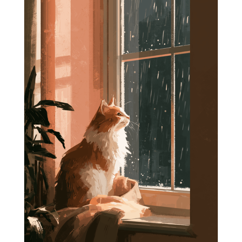 Kat bij besneeuwde raam - Diamond Painting