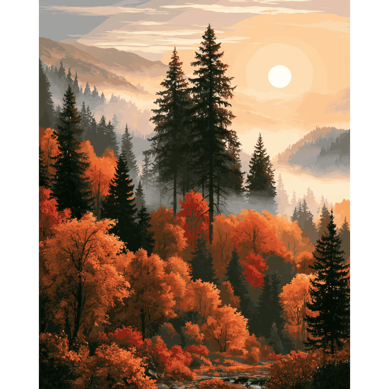 Herfstdal in de mist - Diamond Painting