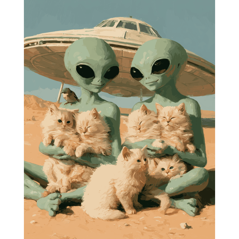 Aliens en kittens - Diamond Painting