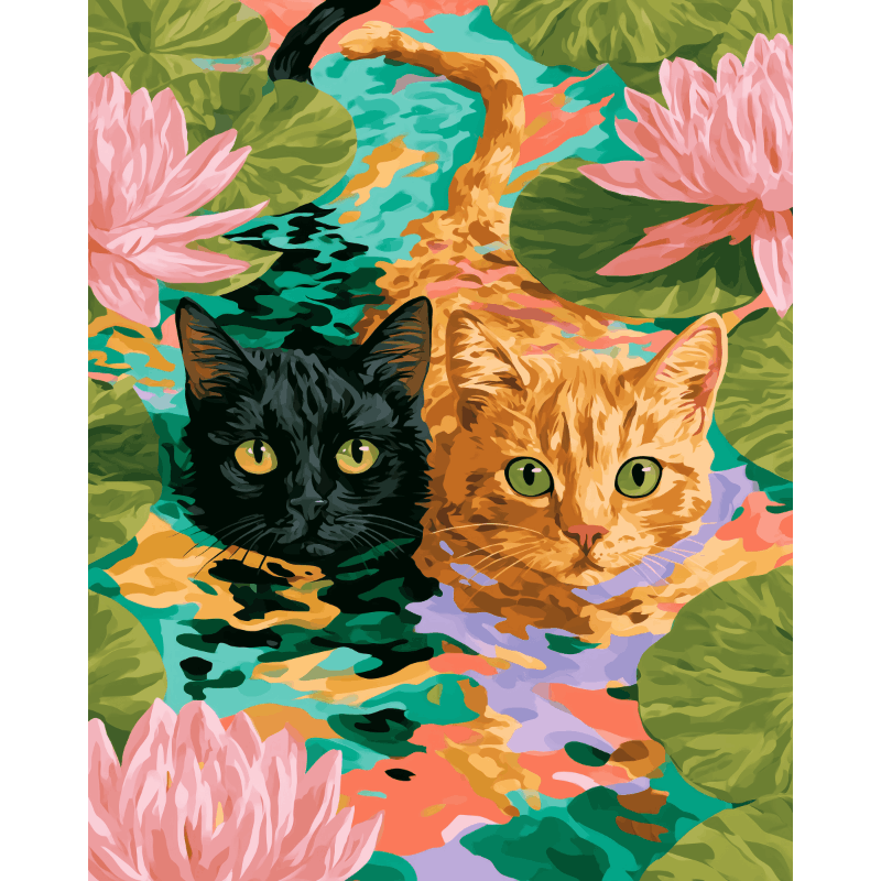Katten op waterlelies - Diamond Painting