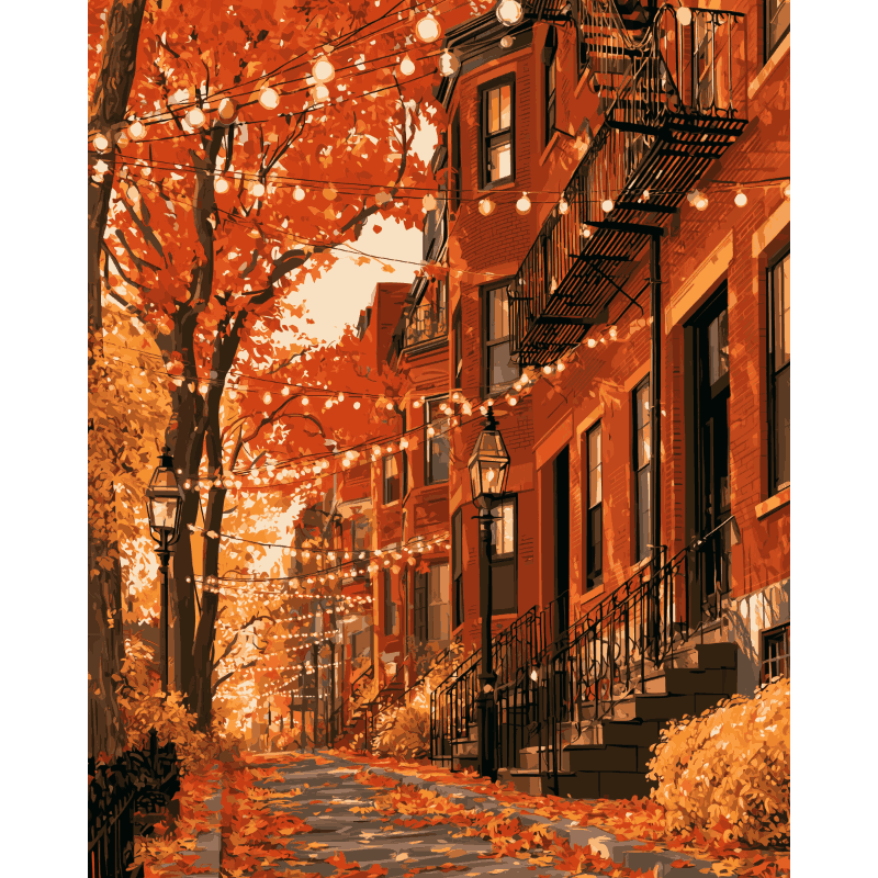 Herfst bruine stadshuizen - Diamond Painting