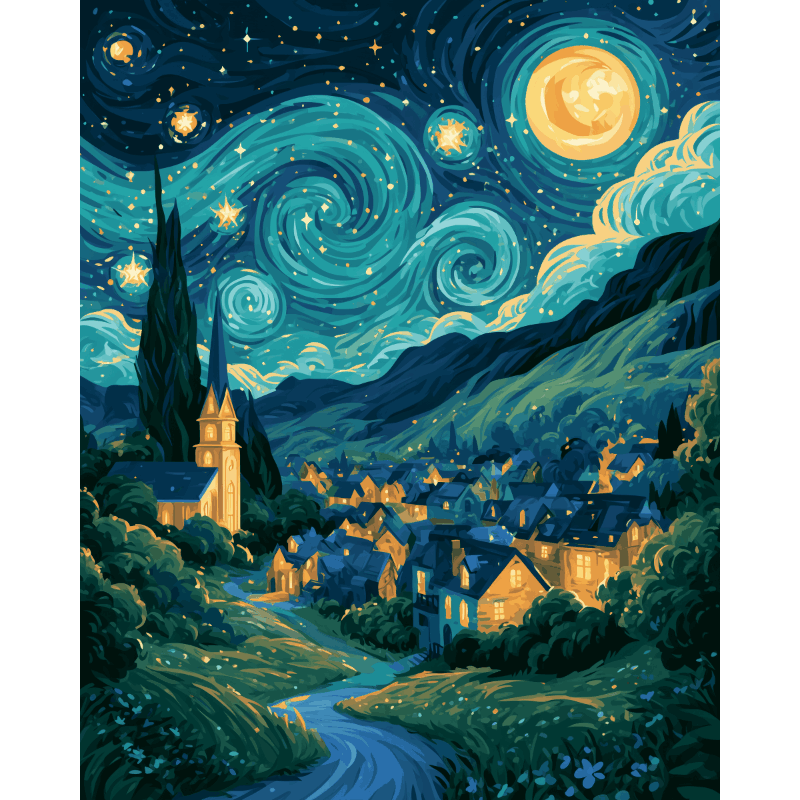 Sterrennacht over het dorp - Diamond Painting