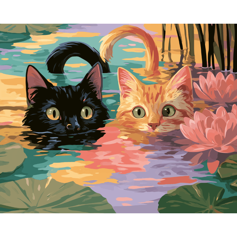 Katten tussen waterlelies - Diamond Painting