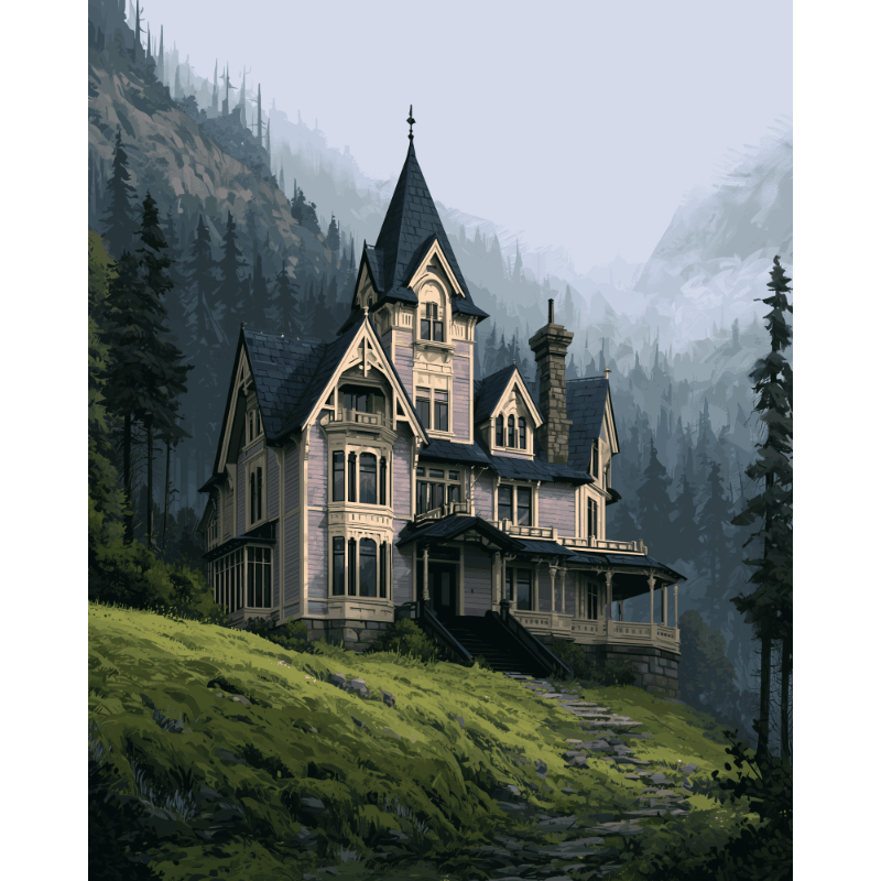 Mistig berglandhuis - Diamond Painting