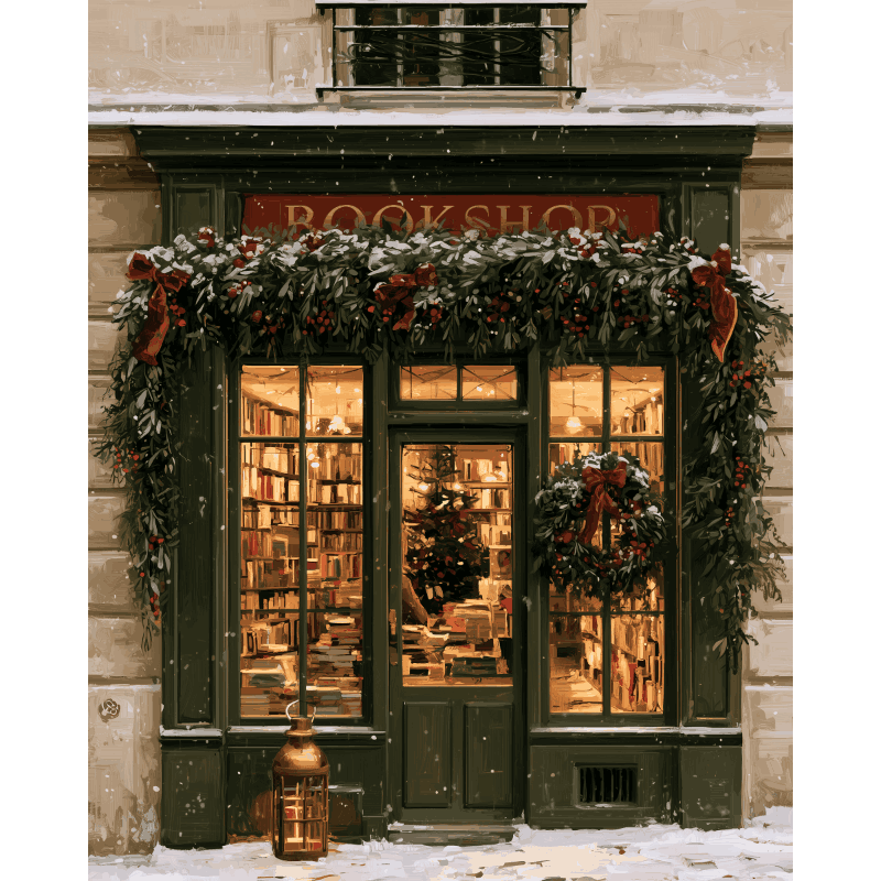Boekenwinkel in de sneeuw - Diamond Painting