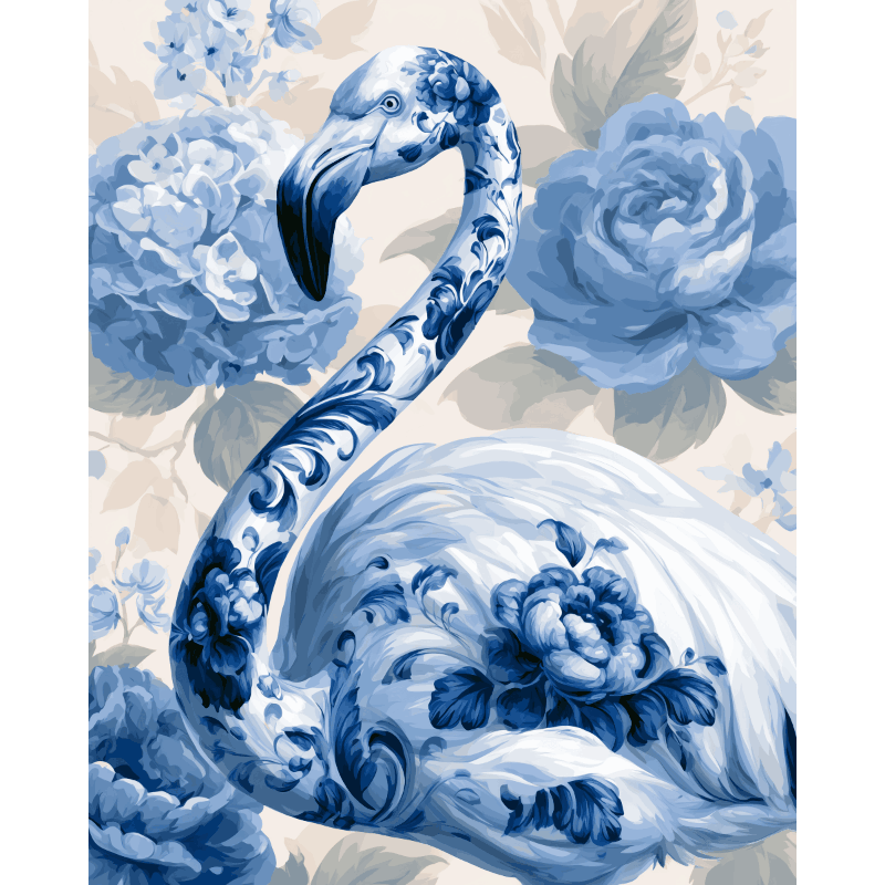 Porselein flamingo & hortensia - Diamond Painting