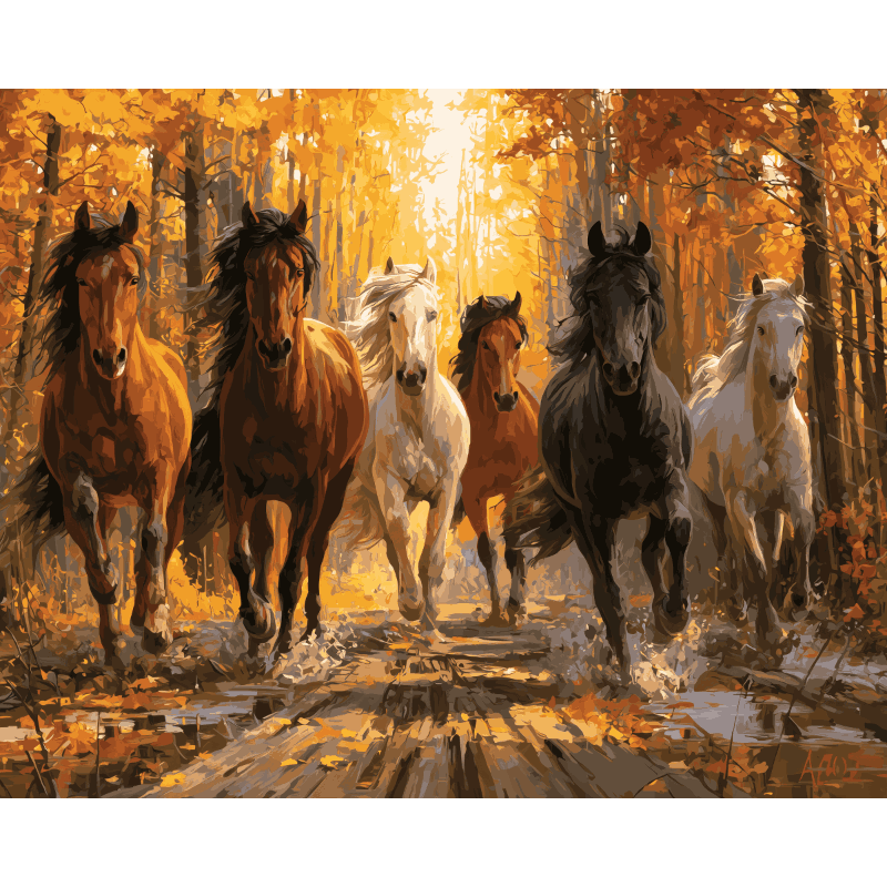Wilde paarden in de herfst - Diamond Painting