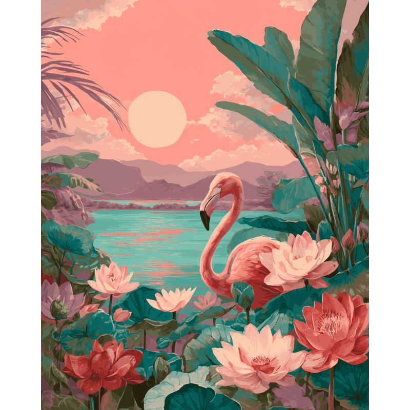 Flamingo bij zonsondergang - Diamond Painting