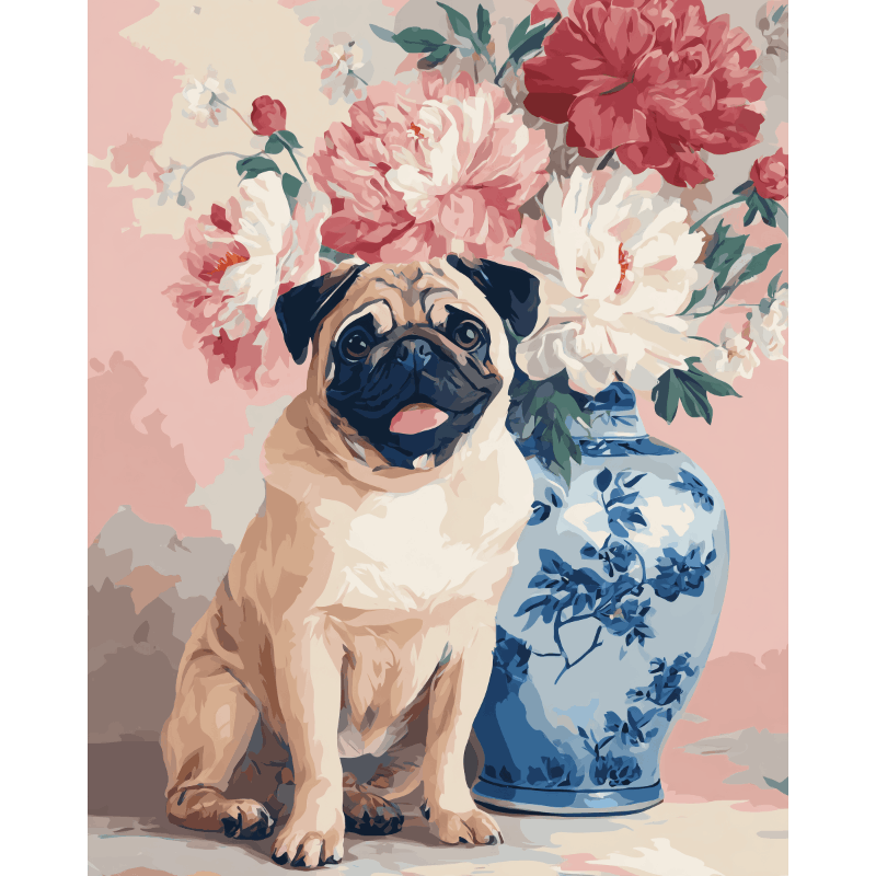 Bloemen mopshond - Diamond Painting