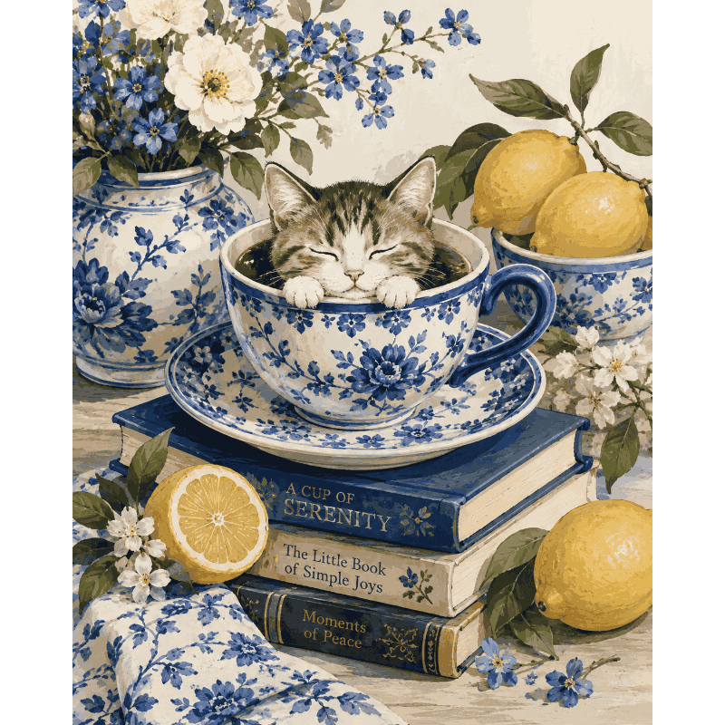 Theetijd met snorharen - Diamond Painting