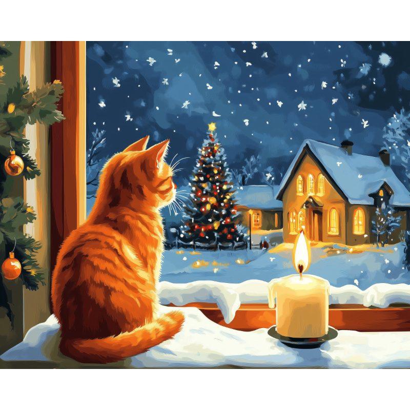 Kat bij het raam tijdens kerstmis - Diamond Painting