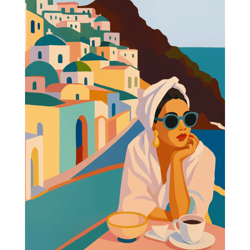 Dame op Santorini - Diamond Painting