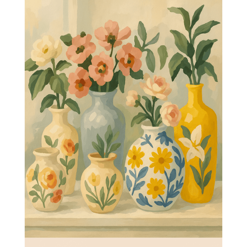 Bloemen in beschilderde vazen - Diamond Painting