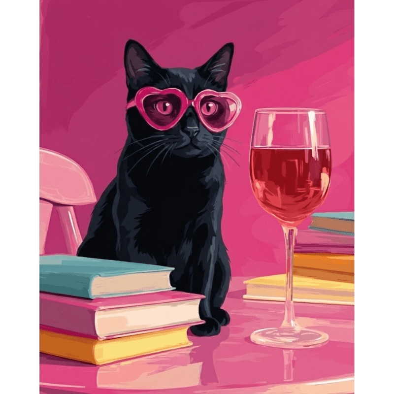 Zwarte kat aan de roze tafel - Diamond Painting
