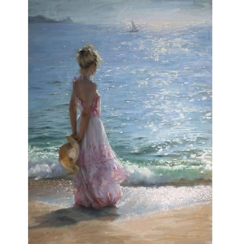 Meisje met hoed bij de zee - Diamond Painting