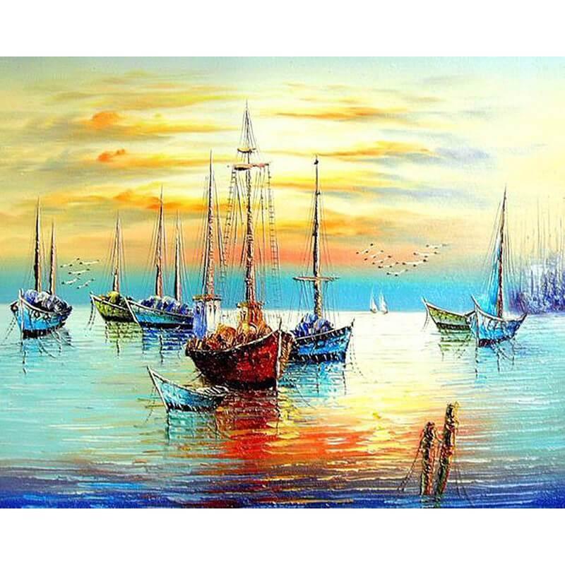 Schepen bij zonsondergang - Diamond Painting
