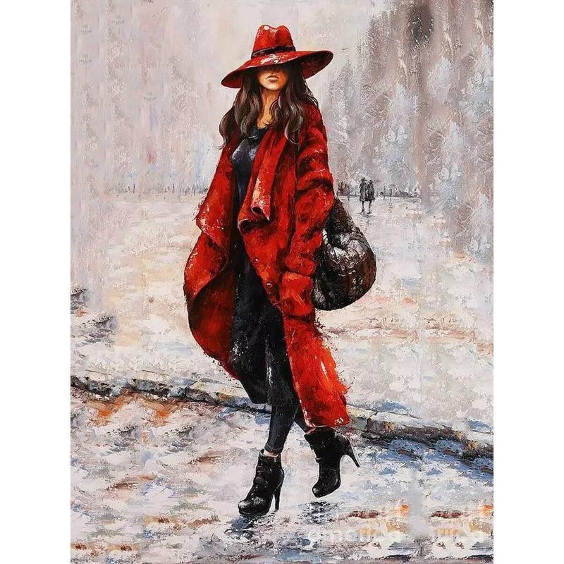 Vrouw in rode jas - Diamond Painting